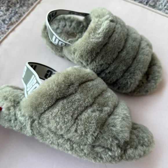 UGG Olive Green Fluffy Slippers - Picture 3 of 4